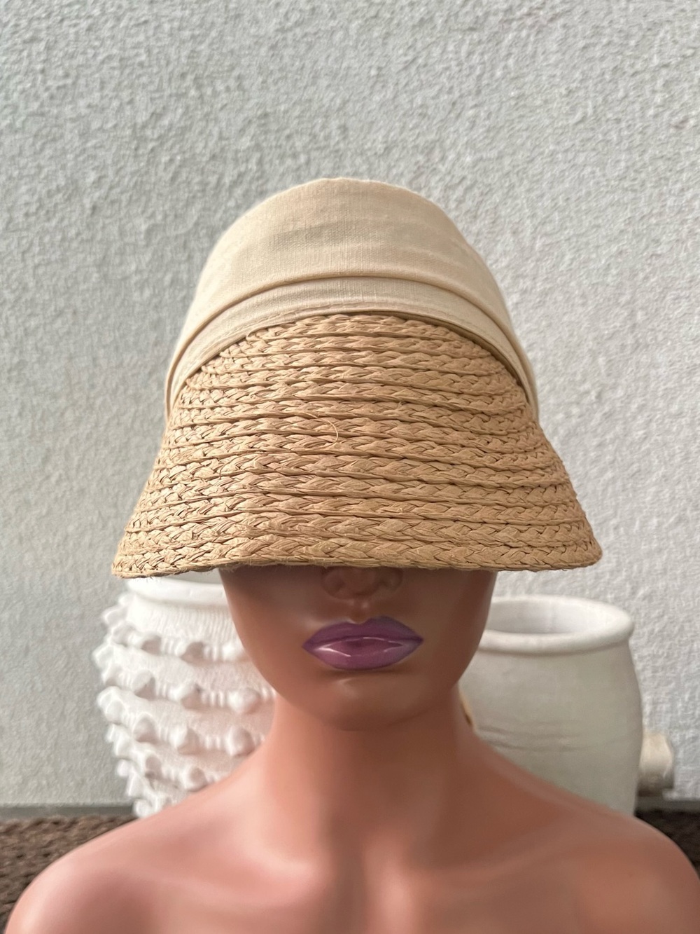 Vince Camuto Straw Fabric Tie Back Sun Visor